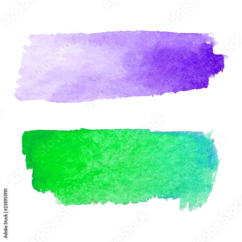 Set of abstract stains. Purple and green colors. Bright creative horizontal backdrop. Watercolor texture with brush strokes.Spots Isolated in white background. Trendy colorful design.Hand painted.EPS.