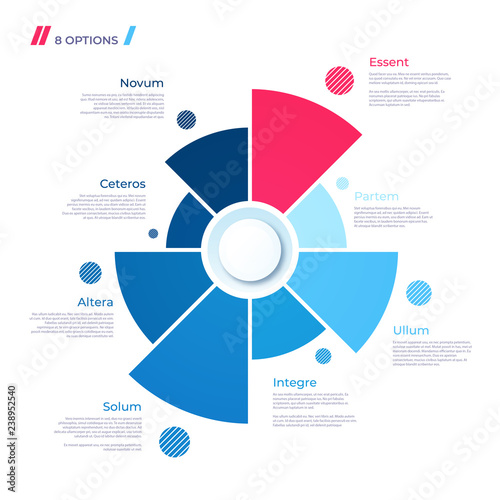 Pie chart concept with 8 parts. Vector template for web, present
