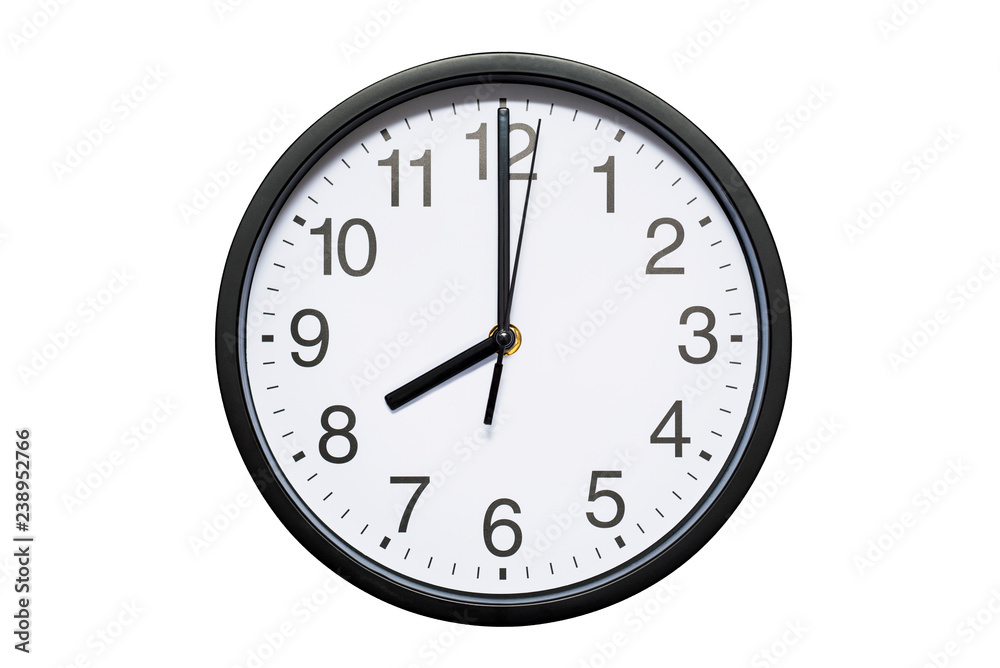 Wall clock shows time 8 o'clock on white isolated background. Round wall clock - front view. Twenty o'clock Wall clock shows time 8 o'clock on white isolated background. Round wall clock - front view. Twenty o'clock