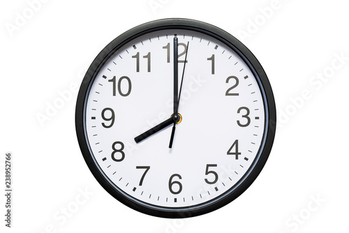 Wall clock shows time 8 o'clock on white isolated background. Round wall clock - front view. Twenty o'clock