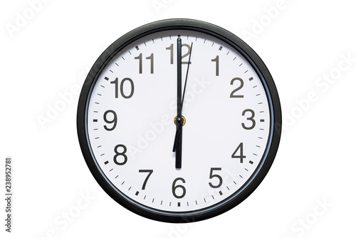 Wall clock shows time 6 o'clock on white isolated background. Round wall clock - front view. Eighteen o'clock