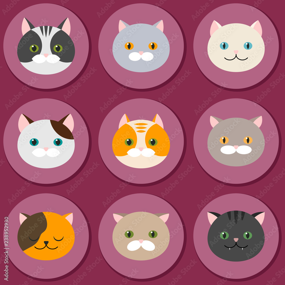 Cat. Set of flat feline head icons. Vector. Cat. Set of flat feline head icons. Vector.