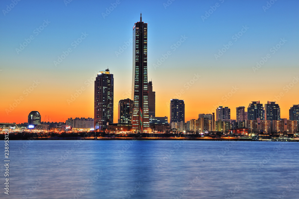 the night view of the city from the Han River in Seoul