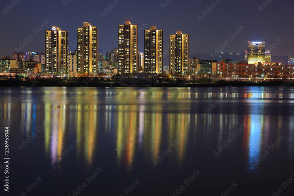 the night view of the city from the Han River in Seoul