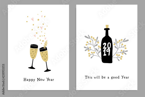 Set of Happy New Year greeting cards, party invitations with hand drawn wine glasses, bottle and confetti stars. Handlettered text. Isolated vector illustrations, white background.