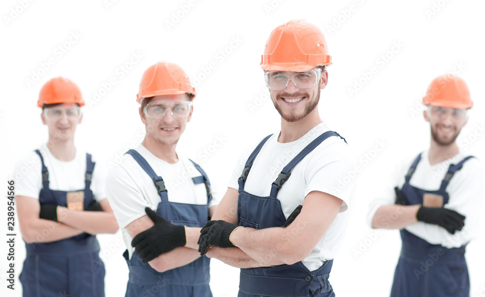 smiling team of construction workers . smiling team of construction workers .