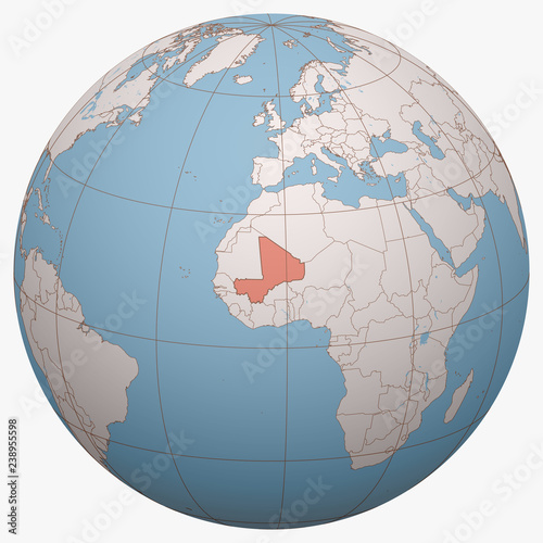 Mali on the globe. Earth hemisphere centered at the location of the Republic of Mali. Mali map.