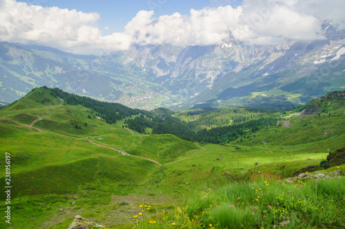 Alpine peaks landskape background. Jungfrau, Bernese highland. Alps, tourism, journey, hiking concept. © Acronym