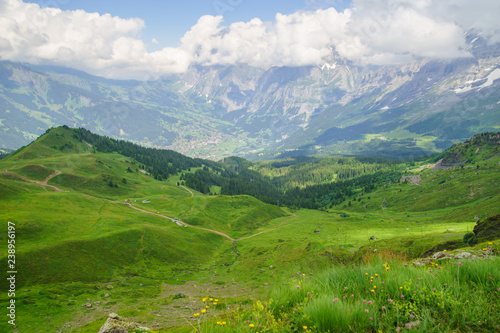 Alpine peaks landskape background. Jungfrau, Bernese highland. Alps, tourism, journey, hiking concept.