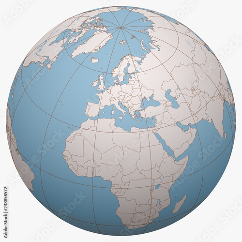 Malta on the globe. Earth hemisphere centered at the location of the Republic of Malta. Malta map.