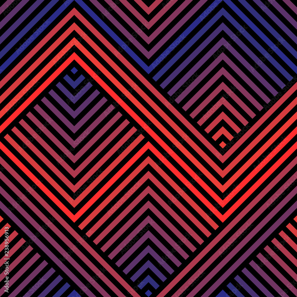 Vector geometric seamless pattern with colorful zigzag lines, stripes, chevron, halftone squares. Abstract sport style graphic texture. Trendy background in 1980-1990’s style. Red and blue gradient