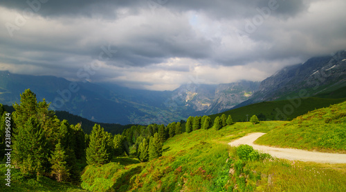 Alpine peaks landskape background. Jungfrau, Bernese highland. Alps, tourism, journey, hiking concept.