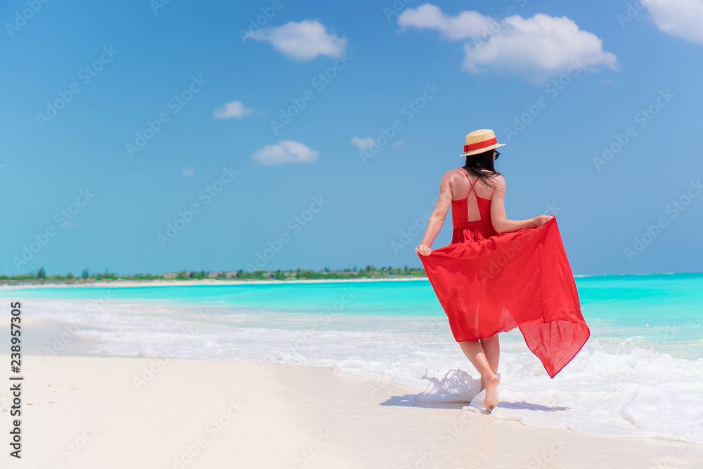 Young girl in beautiful red dress background the sea Young girl in beautiful red dress background the sea