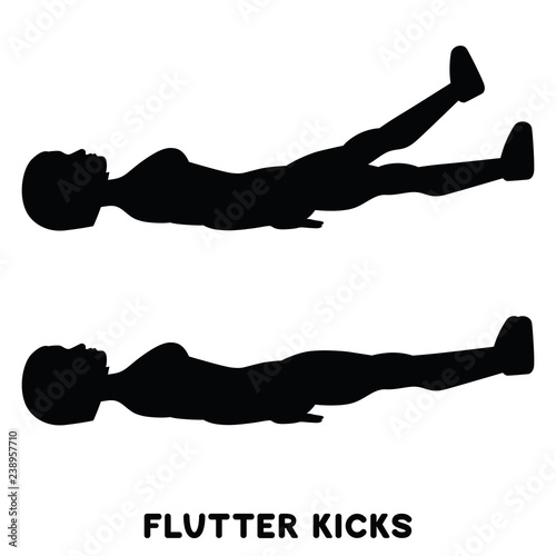 Flutter kicks. Sport exersice. Silhouettes of woman doing exercise. Workout, training.