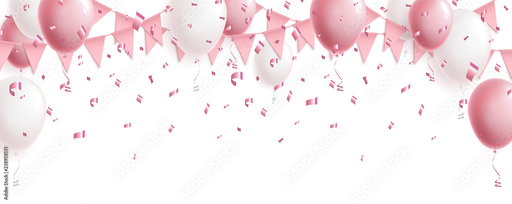Celebration cute pink background with balloons, flag garland and foil