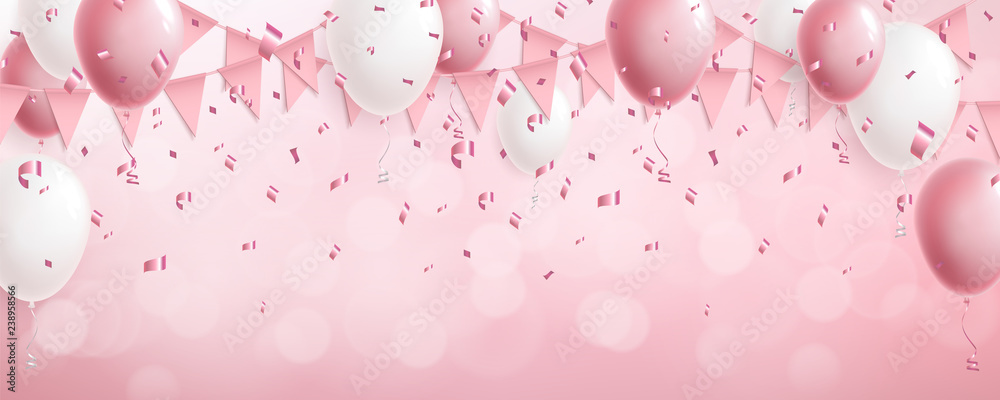 Celebration cute pink background with balloons, flag garland and foil confetti