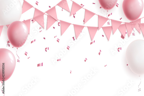 Celebration cute pink background with balloons, flag garland and foil confetti