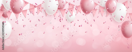 Celebration cute pink background with balloons, flag garland and foil confetti