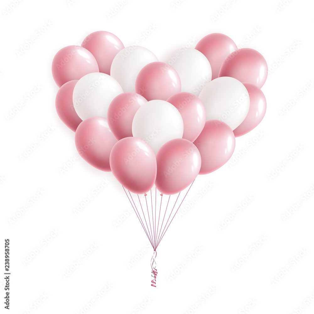 Pink and white heart shaped balloons. Bunch of balloons