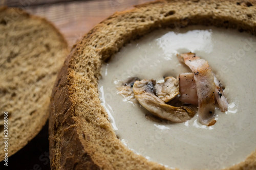 Mushroom cream soup in a bread.