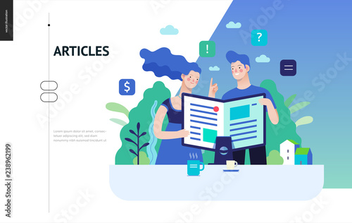 Business series, color 3 - articles - modern flat vector illustration concept of man and woman reading article on the folded computer screen like a magazine. Creative landing page design template photo