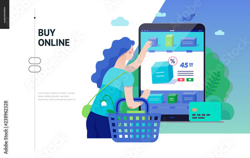 Business series, color 3 -buy online shop -modern flat vector illustration concept of woman shopping online holding basket. Website interaction -purchase process. Creative landing page design template