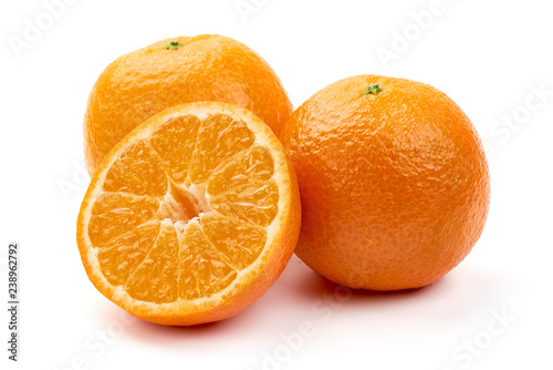 Juicy Mandarines, Tangerine, Clementine with half isolated on white background. Close-up