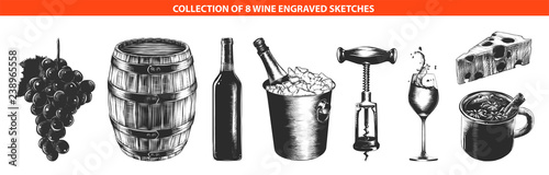 Vector engraved style wine list or menu collection for posters, decoration, logo, emblem. Hand drawn sketches of in monochrome isolated on white background. Detailed vintage woodcut style drawing.