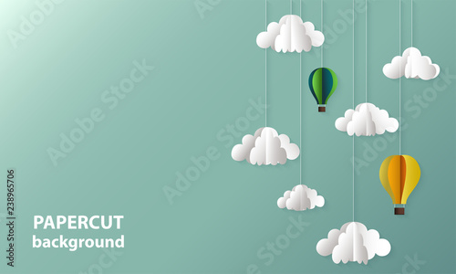 Vector background with paper cut shapes of clouds and balloons. 3D abstract paper art style, design layout for business presentations, flyers, posters, decoration, cards, brochure cover, banners.