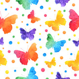 Colorful watercolor seamless pattern with cute butterflies isolated on white background. eps10.