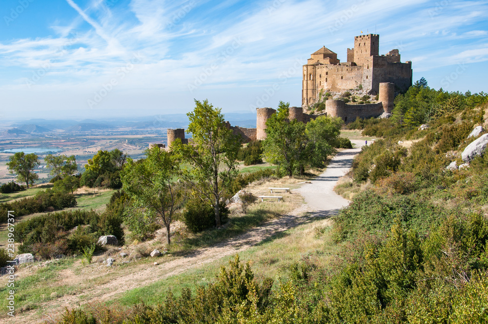 A wideangle view of Loarre Castle in Spain, the best preserved Romanesque castle in Europe.
