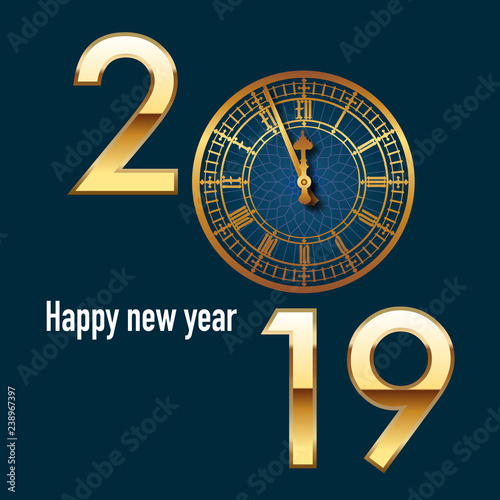 Carte de vœux 2019 de format carré, à l’élégance britannique, reprenant le cadrant de l’horloge de Big Ben juste avant les 12 coups de minuit