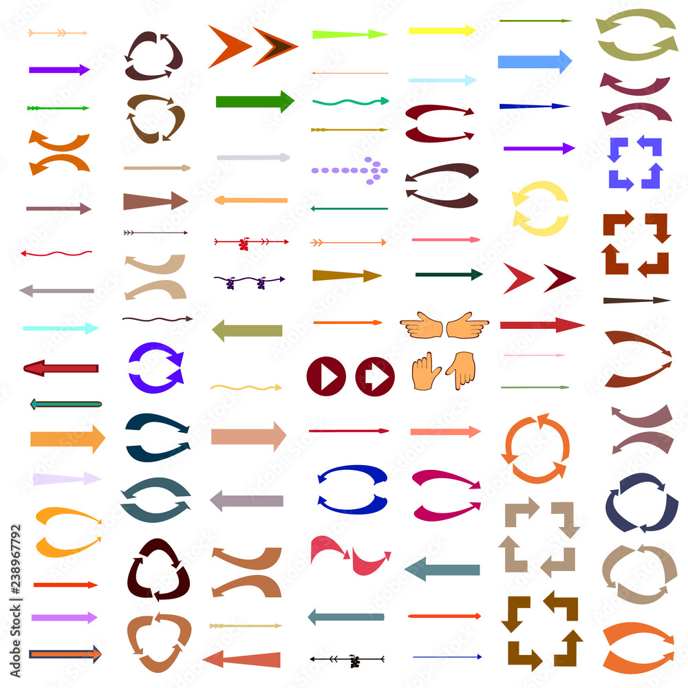 colored vector arrows and arrow-shaped elements of different colors. Vector illustration of multicolored arrows.