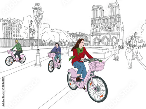 Paris city scene. A woman enjoys riding a bicycle through the city, in front of the famous Notre Dame Cathedral. Hand drawn vector illustration.