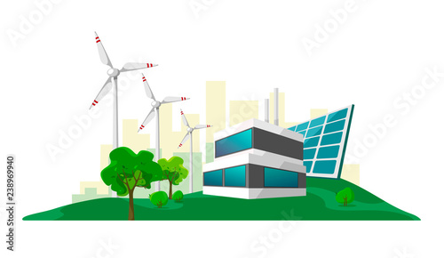 Isolated vector illustration of clean electric energy from renewable sources sun and wind on white. Power plant station buildings with solar panels and wind turbines on city skyline urban landscape