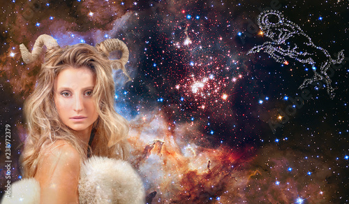 Astrology and horoscope. Aries Zodiac Sign, beautiful woman Aries on the galaxy background