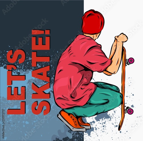 Skateboarder with skateboards in hands. Hipster style and fashion concept, Vector illustration.