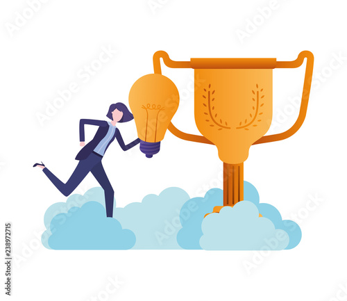 businesswoman with trophy and light bulb character