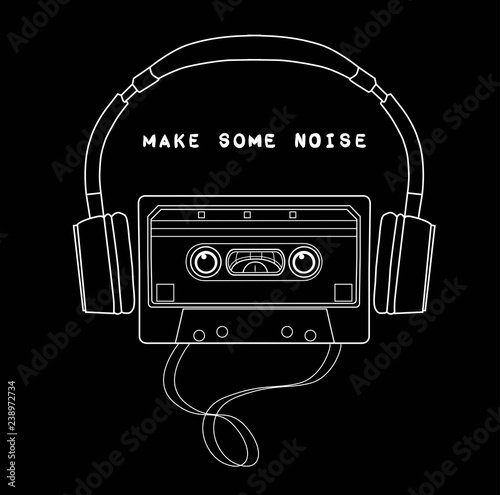 Compact Cassette and headphones. Hipster style and fashion concept, Can be used for printing on T-shirts, flyers and stuff. Vector illustration.