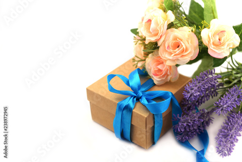 surprise gift box with blue summer with a bouquet of roses