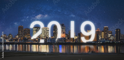 New Year 2019 in the city. Panoramic city at night. new year 2019 celebration