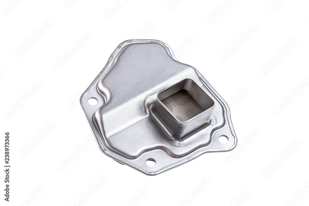strainers assy oil bottom view of empty the case is made of gray metal, the spare part is isolated on a white background. strainers assy oil bottom view of empty the case is made of gray metal, the spare part is isolated on a white background.