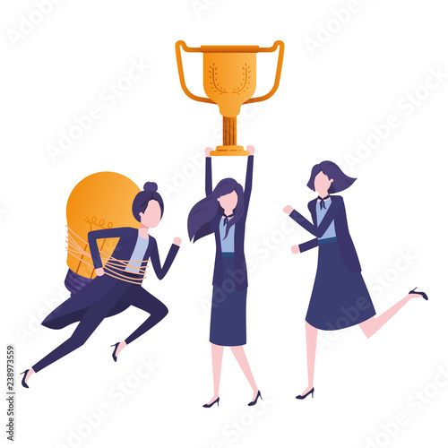 businesswomen with trophy and light bulb character