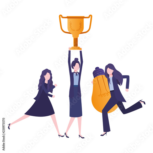 businesswomen with trophy and light bulb character