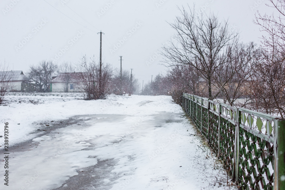Naklejka premium Frozen tree branches covered with white scaly ice.