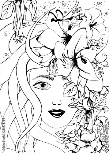 Vector illustration zentangl girl with flowers in her hair. Doodle drawing. Coloring book anti stress for adults.