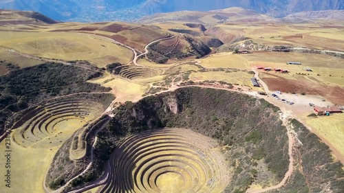 Epic aerial view of beautiful Moray. Peruvian Incan archeological sight.