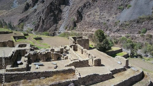 Aerial view of Ancient Peruvian Inca Ruins Ollantaytambo.