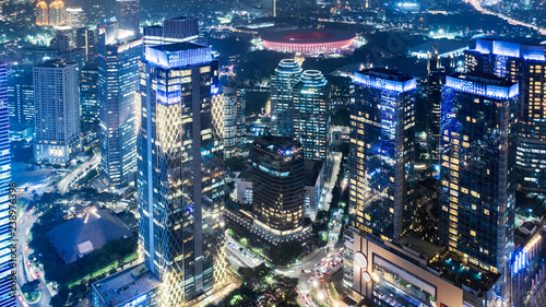 High buildings with glowing lights in Jakarta city