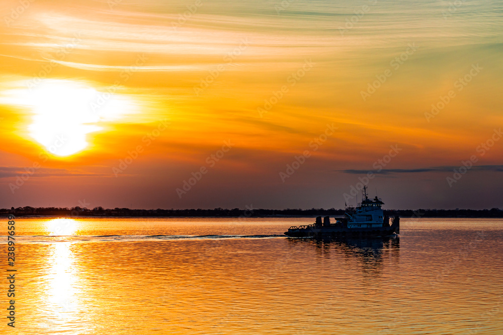 Sunset on the Amur river embankment in Khabarovsk, Russia.